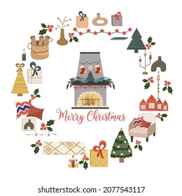 Christmas circular design isolated on white background, in center is fireplace with the text merry christmas.Fireplace with fire, tree and garland. Vector illustration for postcard or holiday decor