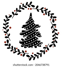 Christmas circular wreath of leaves with berries and fir tree. Happy New Year card, vector illustration. Round traditional rim for congratulations. Template, frame with a decorated tree, clipart.