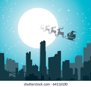 Christmas City against the setting sun and the flying Santa