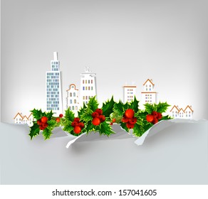 Christmas city background with holly
