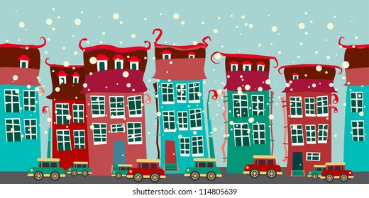 Christmas city with cars. seamless