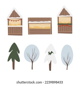 Christmas city clipart, Winter scene creator clipart, winter market illustration, Decorated houses and snowy trees vector in flat style, Christmas car