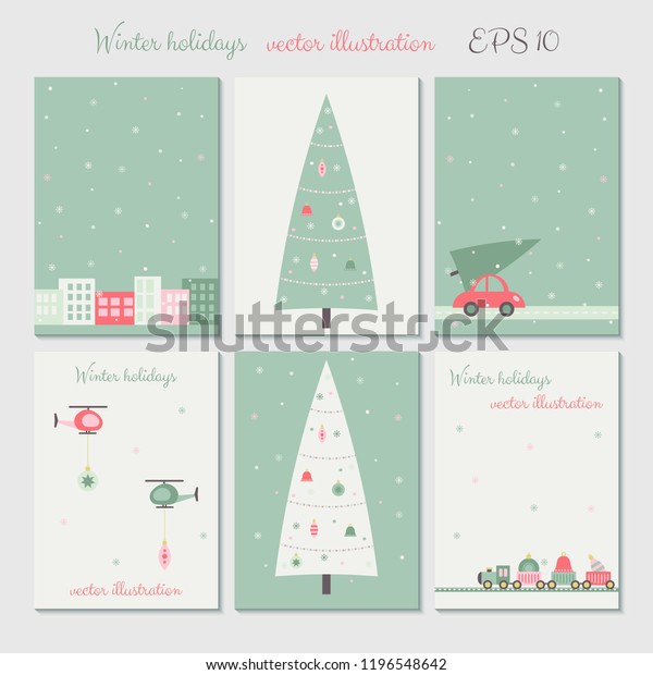 Christmas city decoration cards set.\
Vector\
illustration.\
