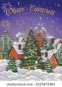 Christmas city flyer colorful with New Year trees near houses with snow on roofs and fireworks in sky vector illustration