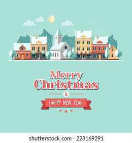 Christmas city greeting card - snowy street. Vector illustration.  