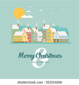 Christmas city greeting card - snowy street. Vector illustration.