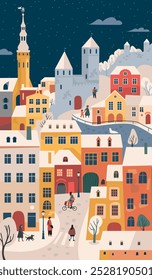 Christmas city with happy people walking on the street on winter holidays. European Old town at Xmas eve with cozy buildings. Flat vector illustration