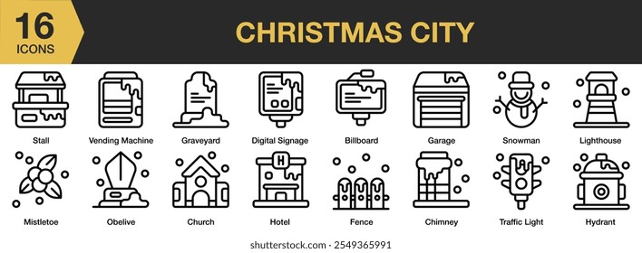 Christmas City icon set. Includes stall, hotel, billboard, garage, fence, graveyard, and More. Outline icons vector collection.