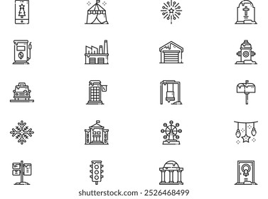 Christmas city icons collection is a vector illustration with editable stroke.