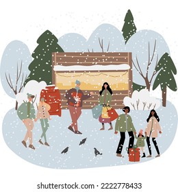 Christmas city illustration, Winter scene clipart, People on winter market illustration, Decorated houses vector in flat style, Printable christmas cards