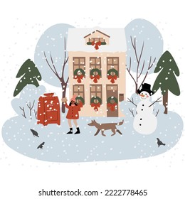 Christmas city illustration, Winter scene clipart, girl sending the letter illustration, Decorated houses with snowman vector in flat style, Printable christmas cards