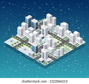Christmas city isometric urban winter quarter in the snow and in snowflakes, snowstorms and the festive landscape of the New Year holidays