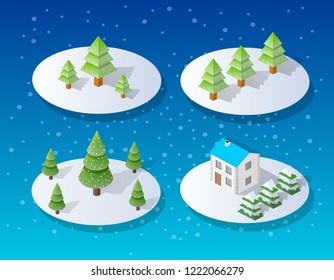 Christmas city isometric urban winter quarter in the snow and in snowflakes, snowstorms and the festive landscape of the New Year holidays