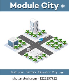 Christmas city isometric urban winter quarter in the snow and in snowflakes, snowstorms and the festive landscape of the New Year holidays