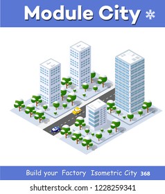 Christmas city isometric urban winter quarter in the snow and in snowflakes, snowstorms and the festive landscape of the New Year holidays