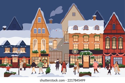 Christmas city lifestyle. People walking on street of European old town at Xmas eve, preparing for winter holiday. Cozy Europe buildings, houses with New Year decoration. Flat vector illustration