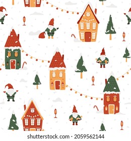 Christmas city, little gnomes with gifts, sack. Cute houses, candy, lanterns, fur trees, street decorated with light bulbs. Seamless pattern with winter festive landscape and snowfall. New year art