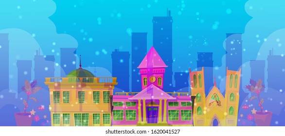 Christmas city mystic background with night street scene with victorian and georgian style houses, shops and other buildings in the snow vector illustration. Fairy old town or city christmas