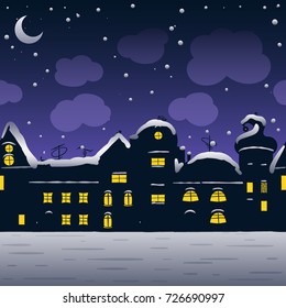 Christmas city night seamless pattern, winter street