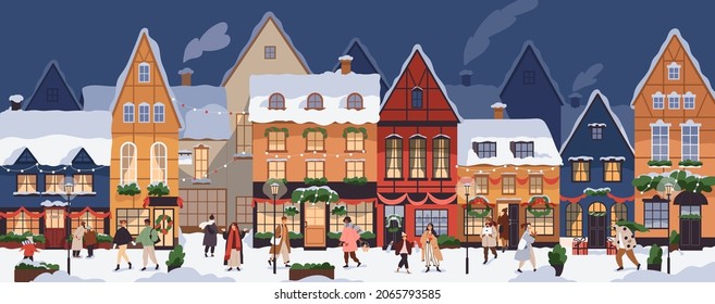 Christmas city panorama with happy people walking on street in snow on winter holidays. European Old town at Xmas eve with cozy buildings. Cityscape with New Year lifestyle. Flat vector illustration