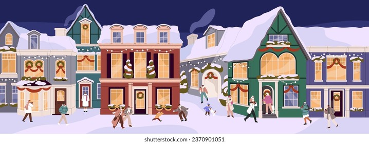 Christmas city panorama. Happy people walking, playing with kids on snow street. European town on Xmas eve, Noel. New Year cityscape with decorated houses. Winter holidays. Flat vector illustration