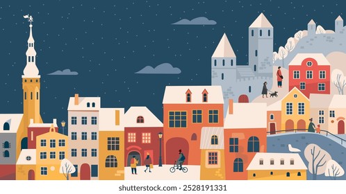 Christmas city panorama with happy people walking on the street on winter holidays. European Old town at Xmas eve with cozy buildings. Tallinn snowy cityscape. Flat vector illustration