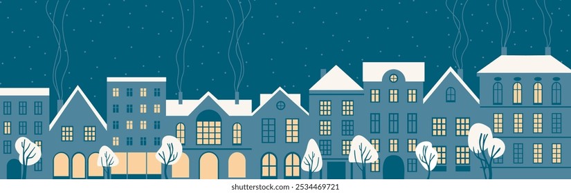 Christmas city panorama on winter holidays. European Old town at Xmas eve with cozy buildings. Snowy cityscape. Flat vector illustration