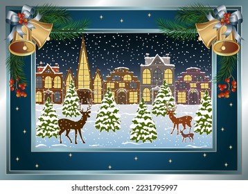Christmas in the city park.Vector illustration of a city park with fir trees and deer on the background of beautiful houses on the holiday of Christmas.