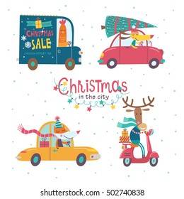 Christmas in the city. Part 1. Vector collection of cartoon characters. Cute animals are going by cars. The hustle and bustle of the city.