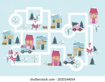 Christmas city roads. Nursery Vector illustration with roads, houses, forest, cars, santa. 