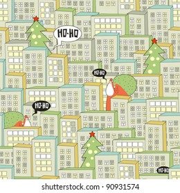 Christmas city seamless pattern. Vector illustration with Santa.