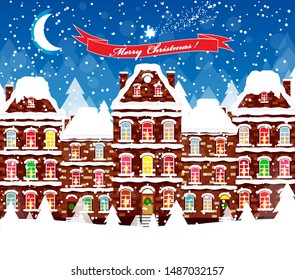 Christmas city street with houses and trees. Vector illustration background