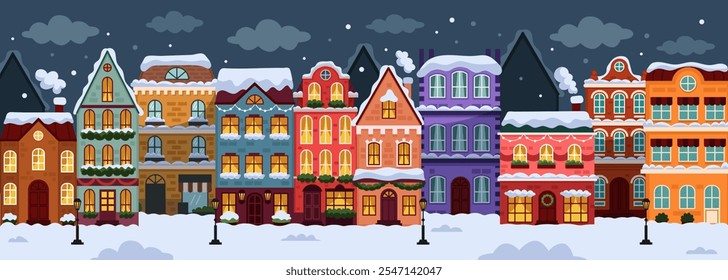 Rua da cidade de Natal. Casa de inverno, cenário de decoração no Ano Novo. Veja as luzes da cidade em casa. Férias de neve urbana. Vetor panorâmico de casas de campo e townhomes fachada, desenho animado estilo plana ilustração