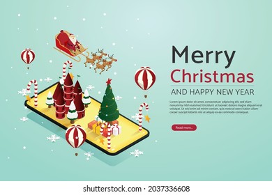 Christmas city toy wonderland fantastic, gift, balloon, christmas tree on smartphone. Merry christmas and happy new year for web banner. isometric vector illustration.