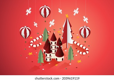 Christmas city toy wonderland fantastic, balloon, christmas tree. Merry christmas and happy new year for web banner. isometric vector illustration.