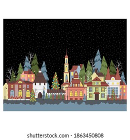 Ciudad de Navidad. imagen vectorial de las casas provinciales. vistas a la ciudad festiva