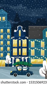 Christmas cityscape with the European houses and the snow. The car takes the Christmas tree home. Flat vector illustration.
