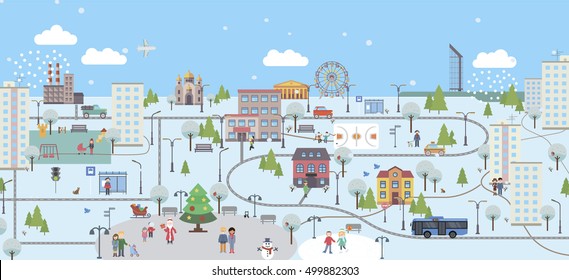 Christmas cityscape in flat style, vector illustration