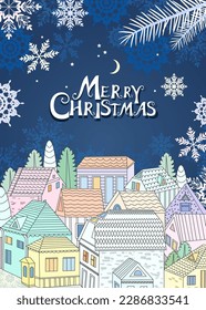 christmas cityscape with snowflakes and frosty fir branches