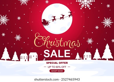 Christmas cityscape vector illustration with santa and reindeer sleigh for holiday sale background