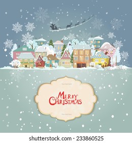 christmas cityscape with vintage label for your design