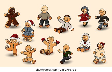 Christmas classic cookie men and women.3d gingerbread men in different poses and angles, Noelle holiday dessert isolated on a white background. Vector