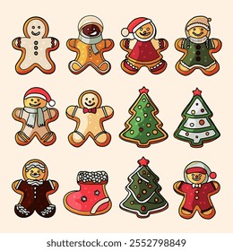 Christmas classic cookies in a flat cartoon design. Gingerbread men, Christmas tree in different versions. Vector isolated on white background