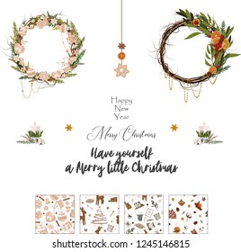 Christmas clip art of 2 botanical wreaths for background for invitation, postcard. 4 seamless patterns with decorations, deer, gingerbreads, sweets, mistletoe and fir. And holiday lettering
