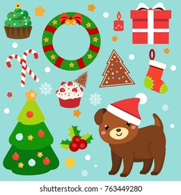 Christmas clip art. 2018 new year stickers, design elements. Dog, spruce, wreath, candy canes and other symbols for for invitations, scrapbook, blogging, stickers