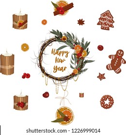 Christmas clip art of candles, gingerbread man, stars and christmas tree and citrus wreath and decorations