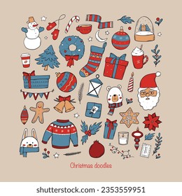 Christmas clip art, cartoon elements collection, doodle set for stickers, prints, cards, posters, signs, etc. EPS 10