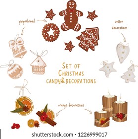 Christmas clip art of fabric and citrus decorations with cinnamon and berries and gingerbread man, stars, house, bell, ball and house