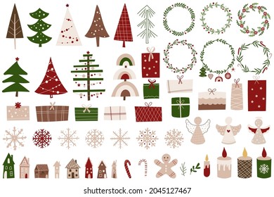 Christmas Clip art set with ornaments, trees, gifts and snowflakes. Vector illustration.