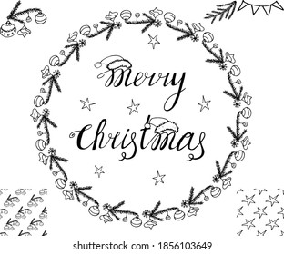 Christmas clip art set in vector: round frame made of 'Christmas tree branches, lettering, two seamless festive patterns, elements of New Year's decor